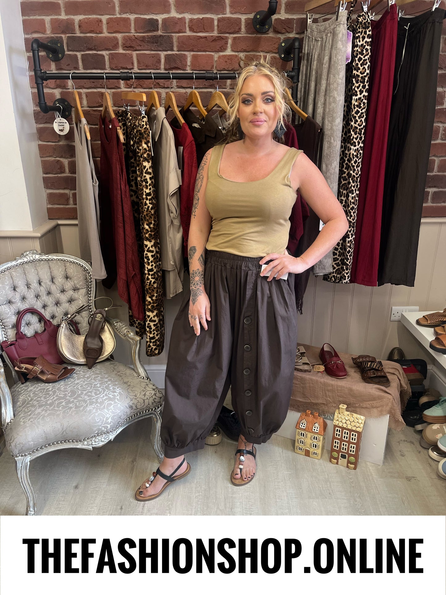 Gina brown cropped button trousers 8-16