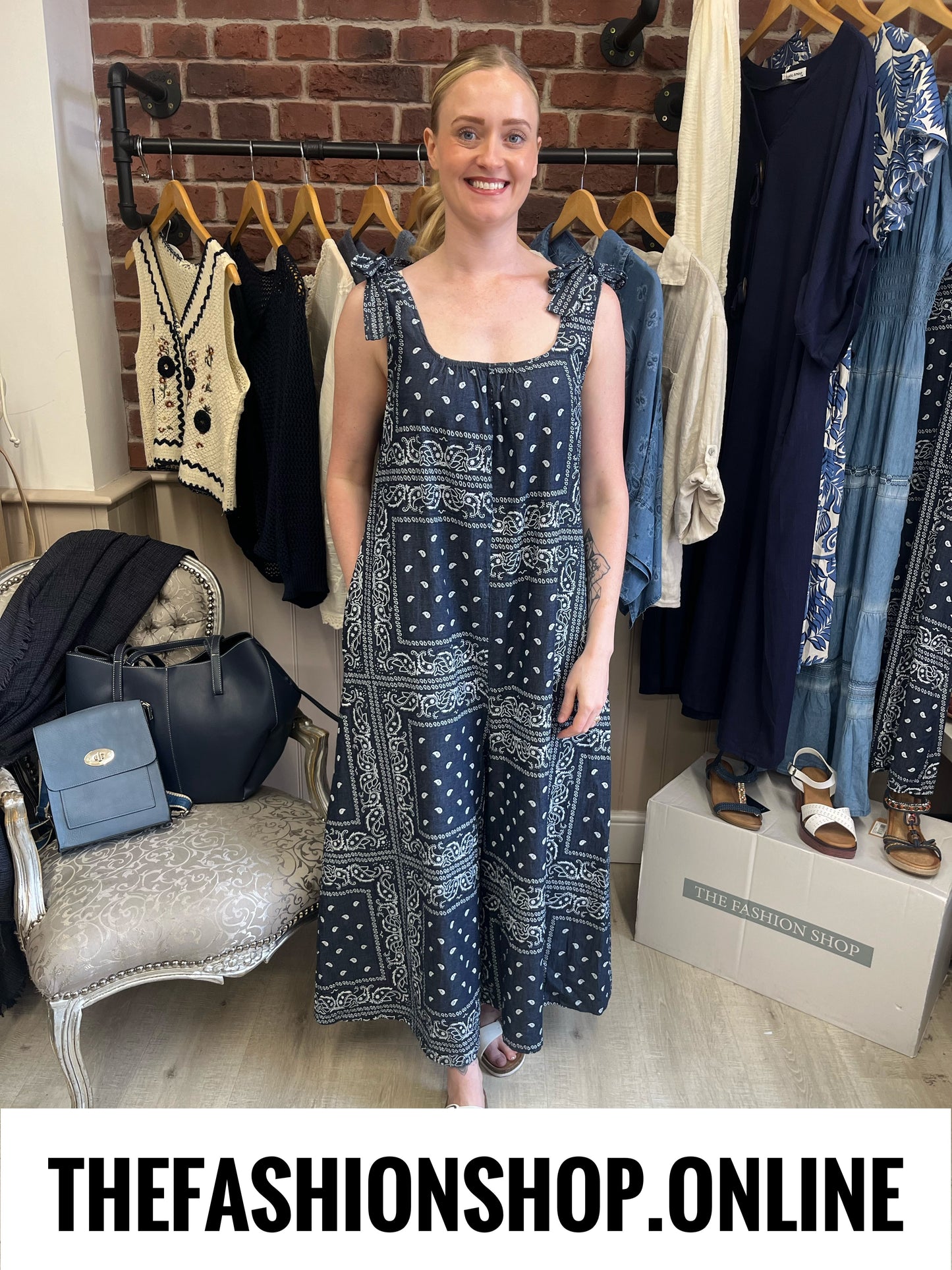 Gracie navy paisley print dungarees 10-16