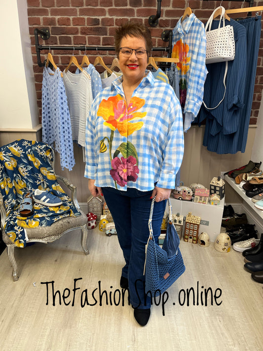 Thea blue checked bold flowers shirt 12-22