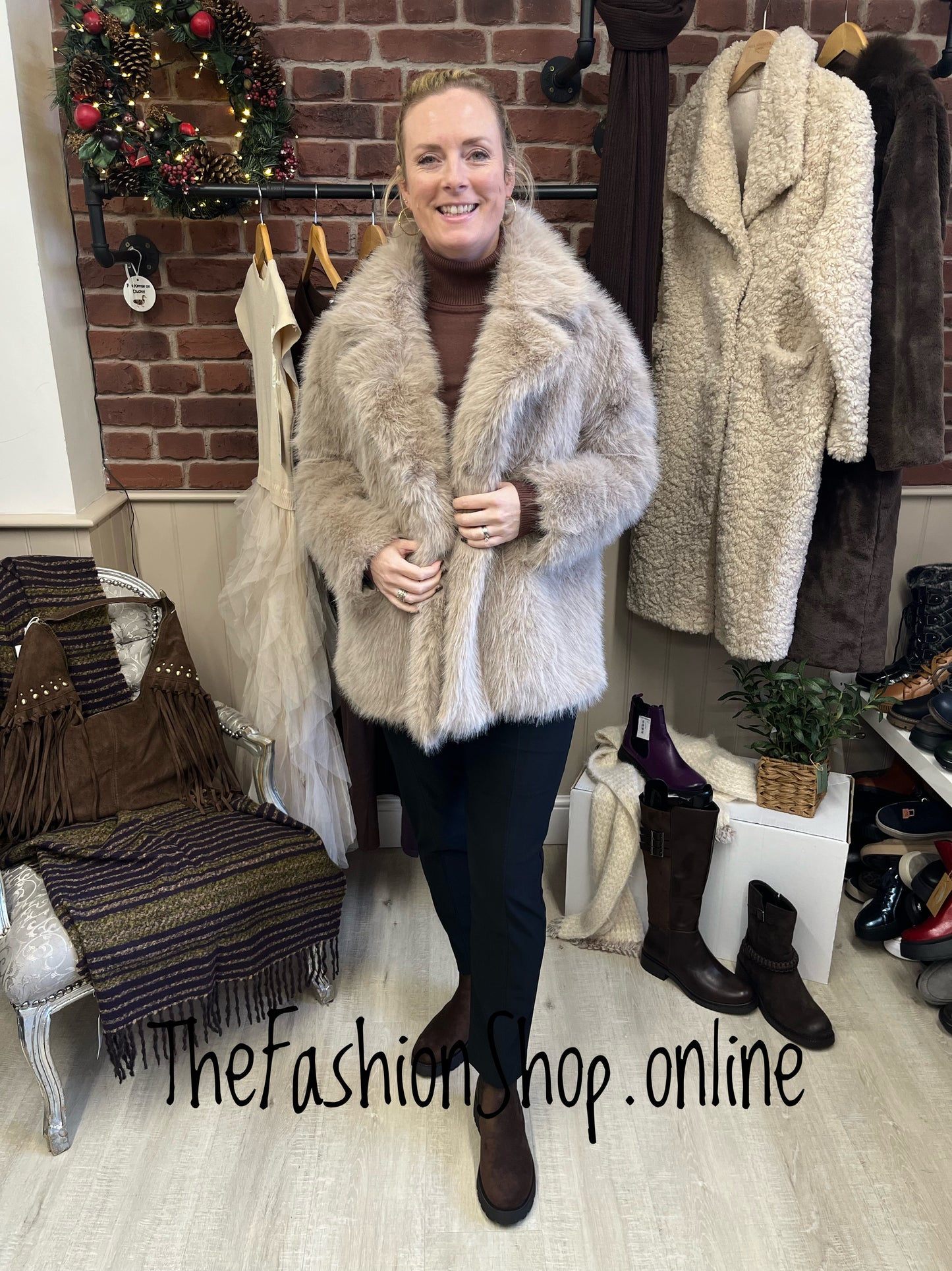 Frances beige faux fur coat sizes 10-12, 14-16 and 18-20