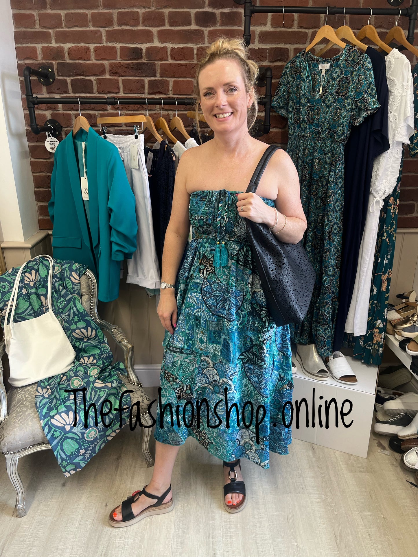 Rachel teal patchwork halter neck dress 8-16