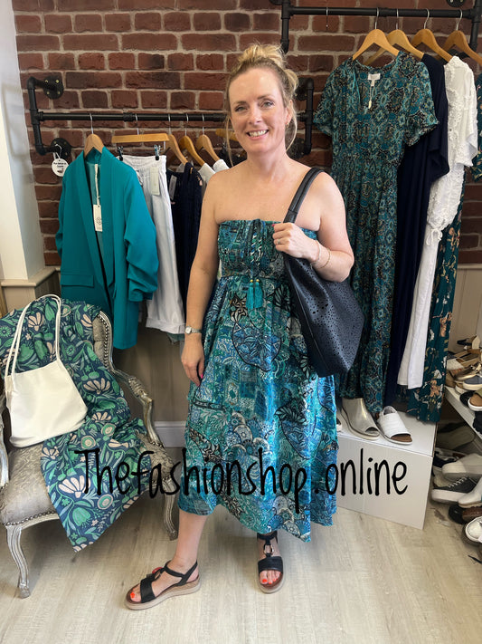 Rachel teal patchwork halter neck dress 8-16