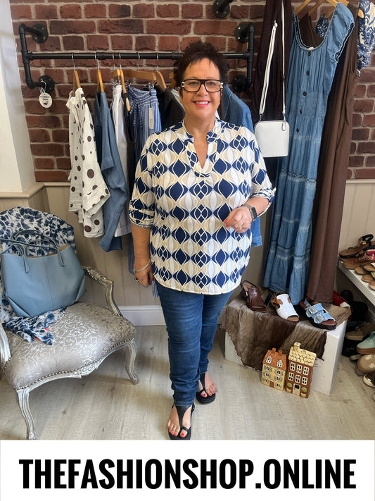 Jasmine navy and beige geometric print blouse 14-22