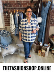 Jasmine navy and beige geometric print blouse 14-22