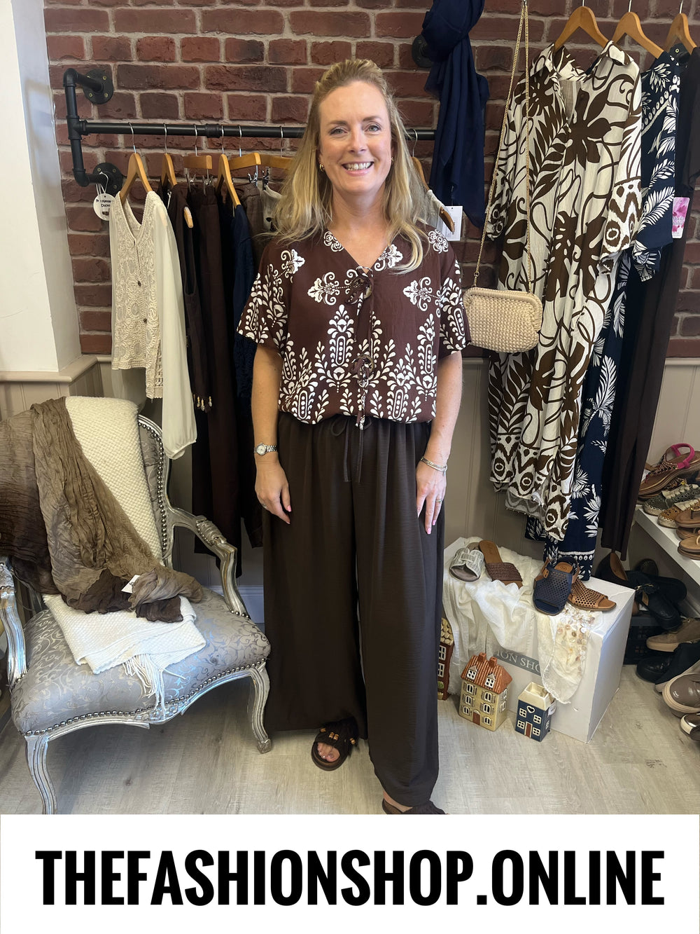 Harley brown damask print top 12-18