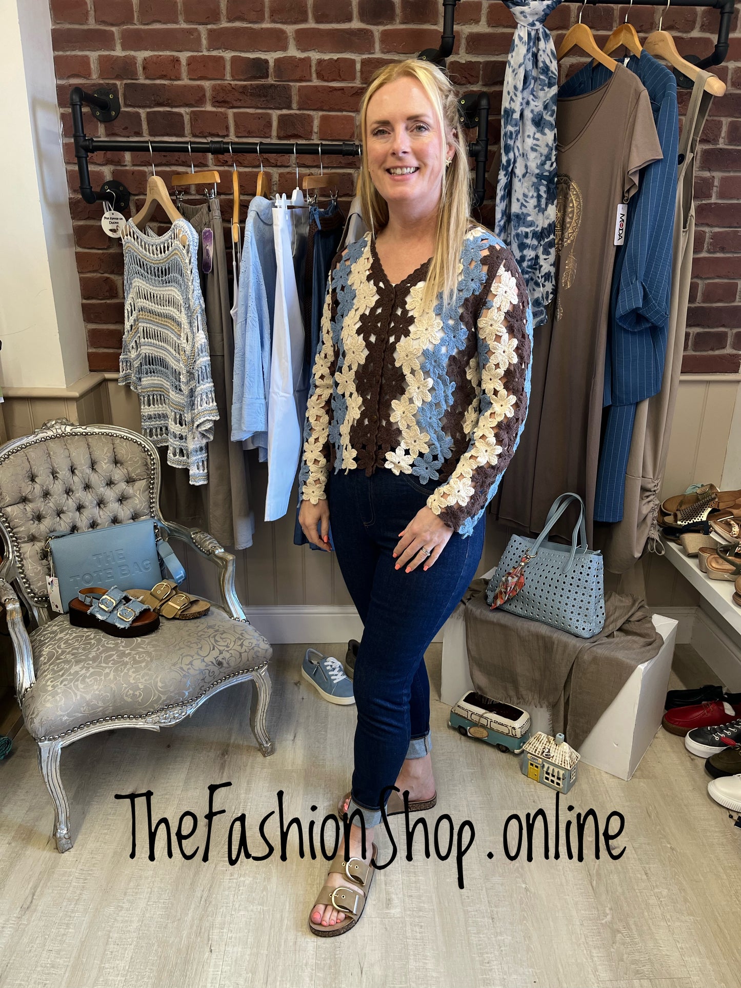 Liv brown, blue and cream crochet cardigan 8-10 and 12-14