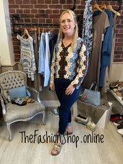 Liv brown, blue and cream crochet cardigan 8-10 and 12-14
