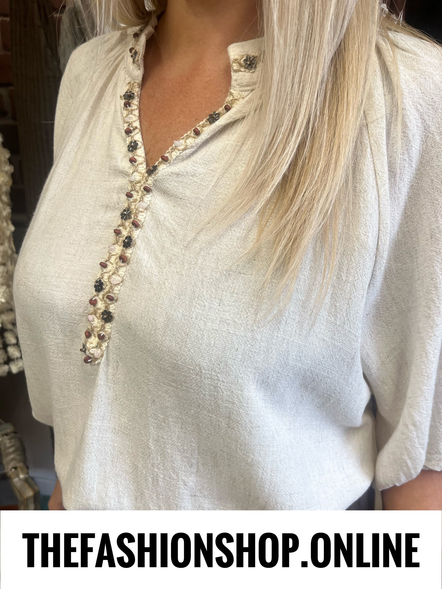 Kayla beige linen mix beaded top 12-18
