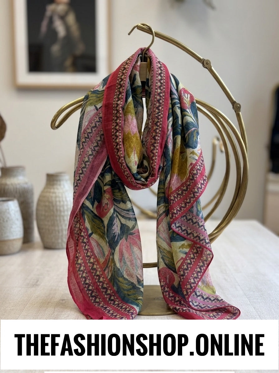 Wine and green botanical blossoms tassel scarf