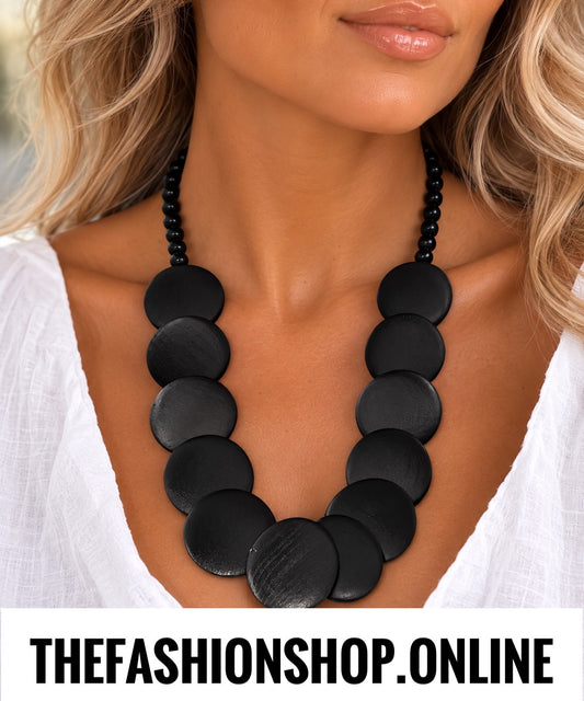 Sienna Wooden Circles  Statement Necklace in Black