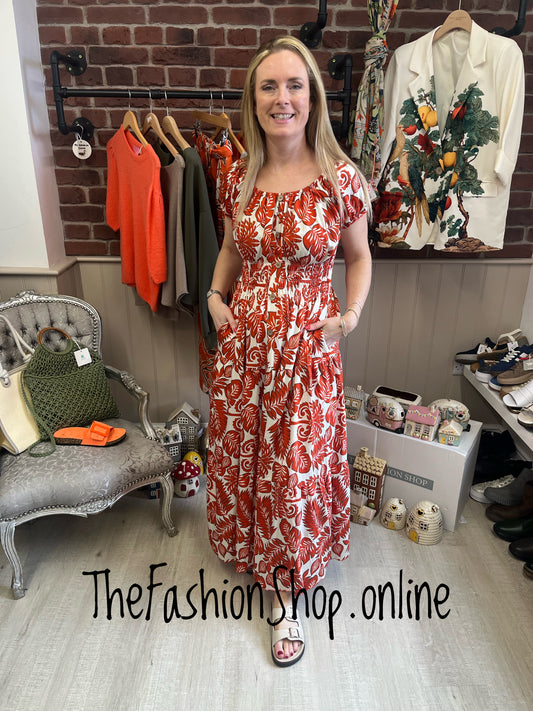 Lillie burnt orange leaf print gypsy maxi dress 8-18