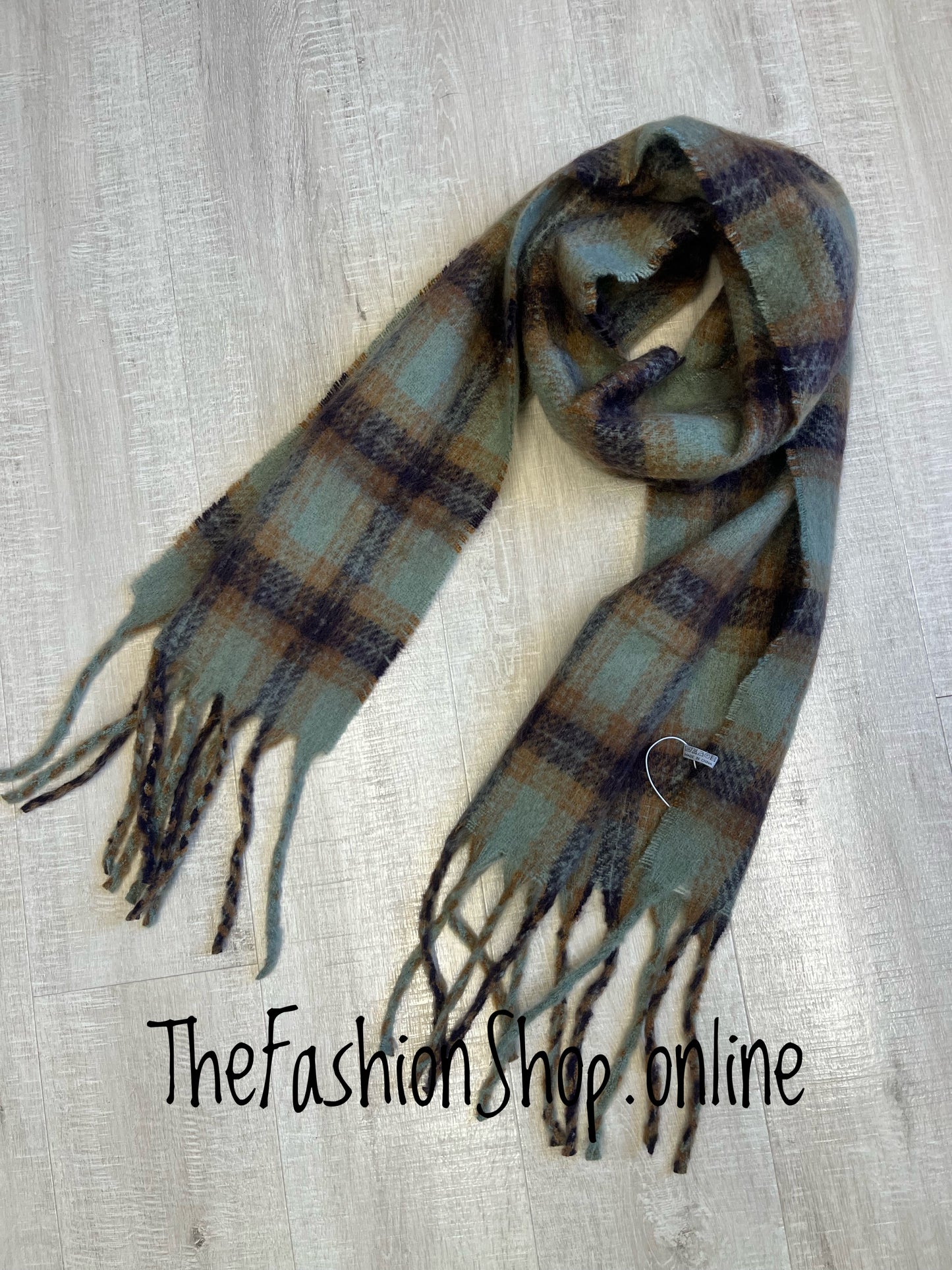 Green brown and camel tartan winter scarf