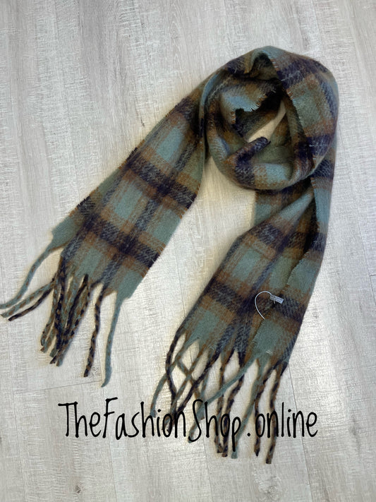Green brown and camel tartan winter scarf