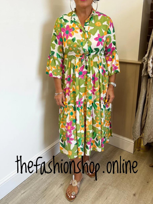 Multi colour bell sleeve tiered dress 8-12