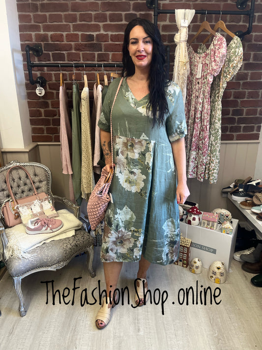 Lucille khaki linen floral dress 12-18