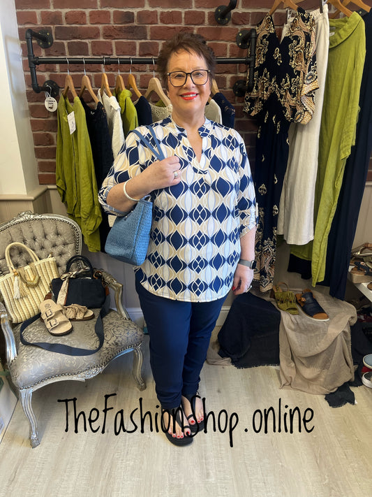 Jasmine navy and beige geometric print blouse 14-22