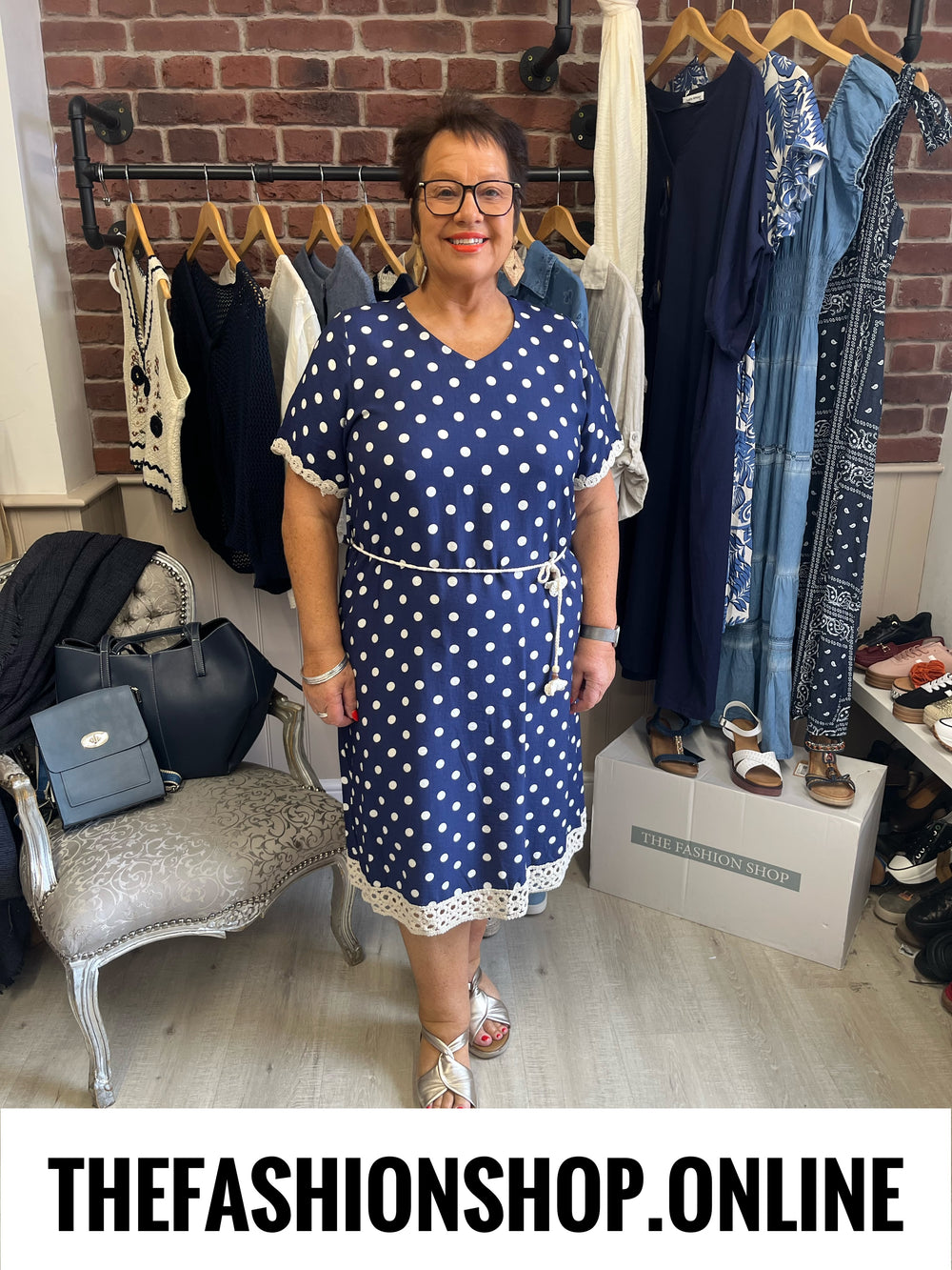 Carolyn navy linen mix polka dot dress 12-16
