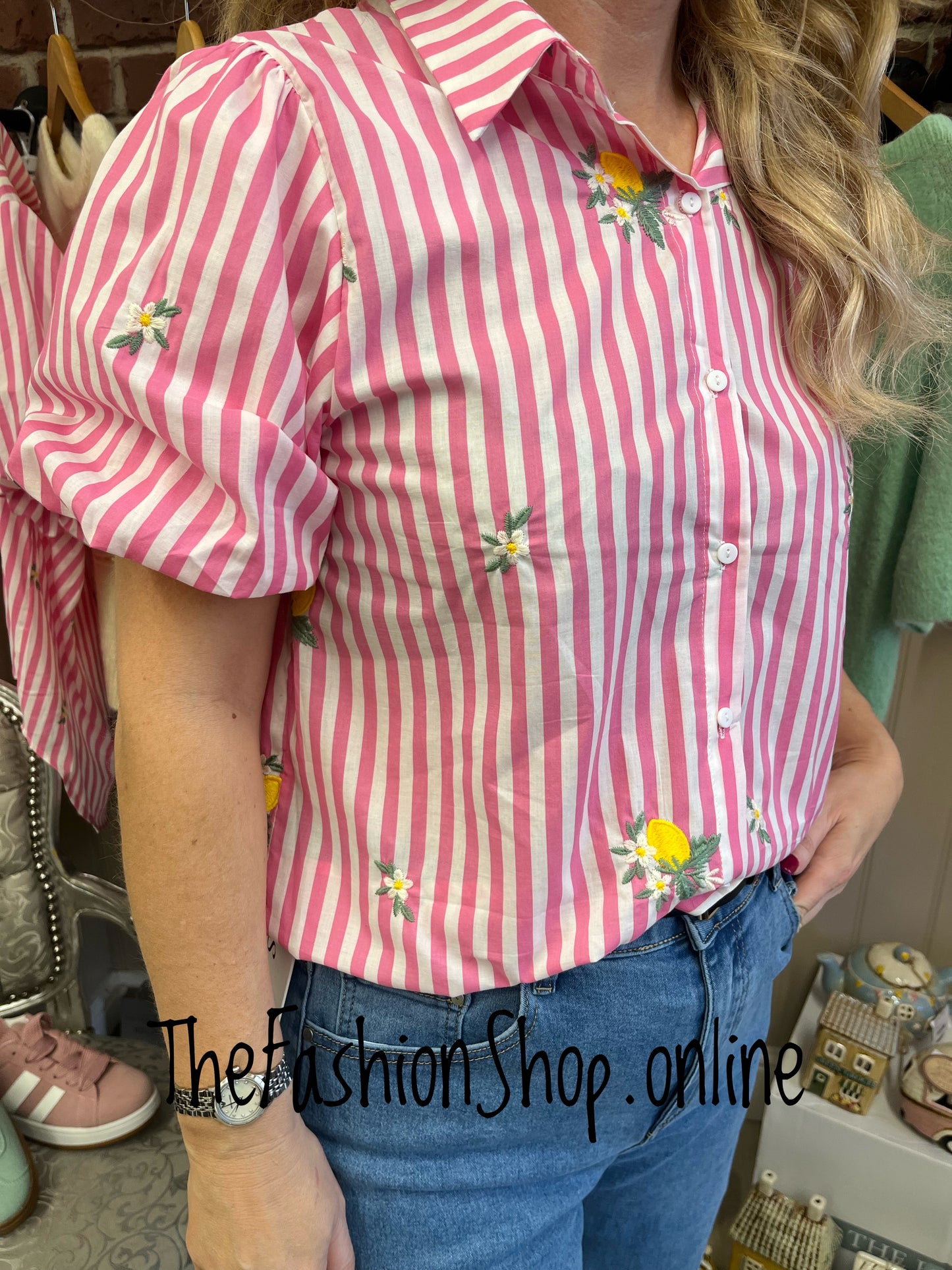 Anita pink striped lemon shirt sizes 10, 12 and 14