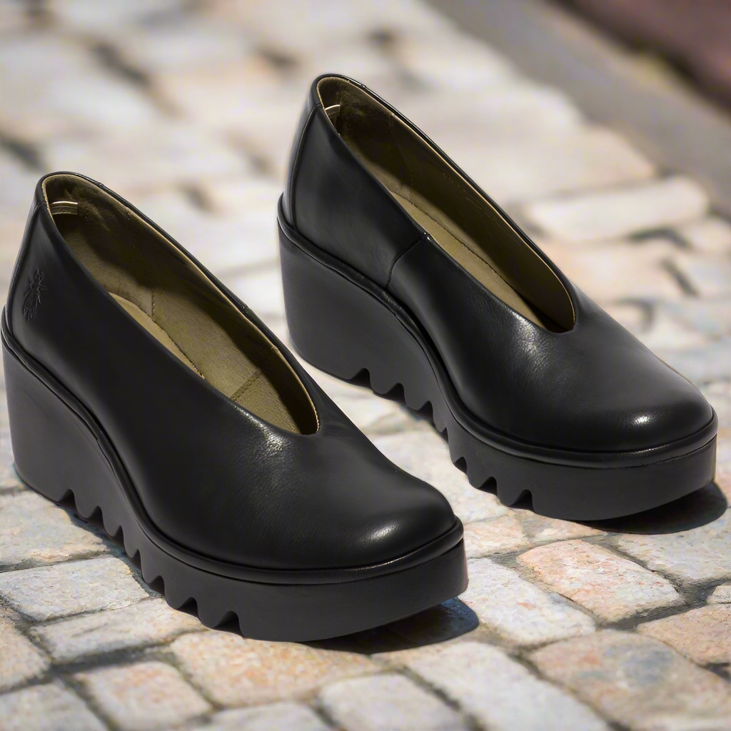 Fly of London Beso Dublin black leather wedge shoes sizes 4-8