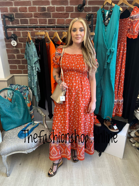 Ellie burnt orange floral puff sleeve dress sizes 8-16