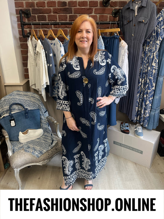 Andrea navy paisley linen mix dress 14-20