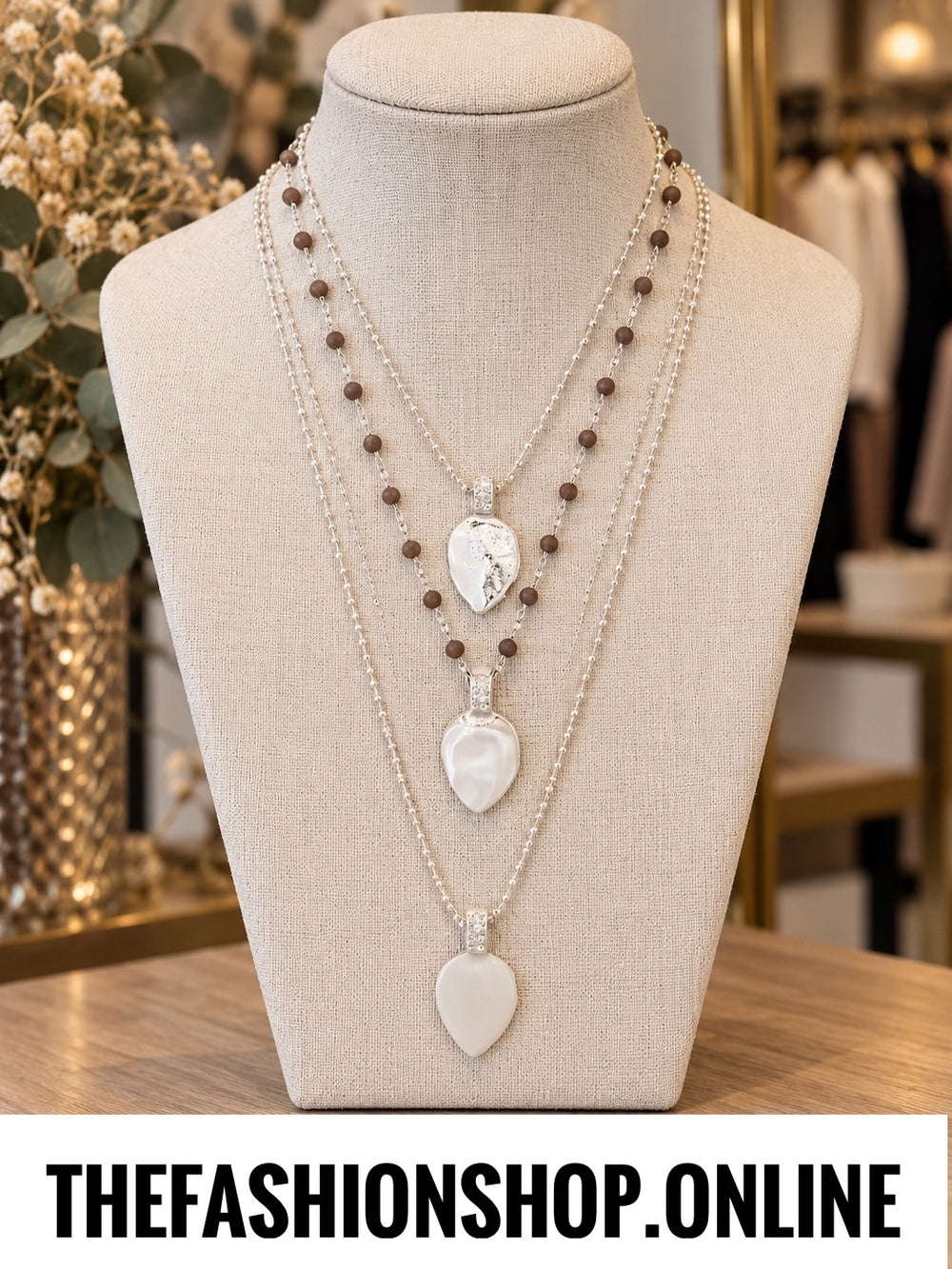 Envy silver and grey beaded layered necklace with heart pendants