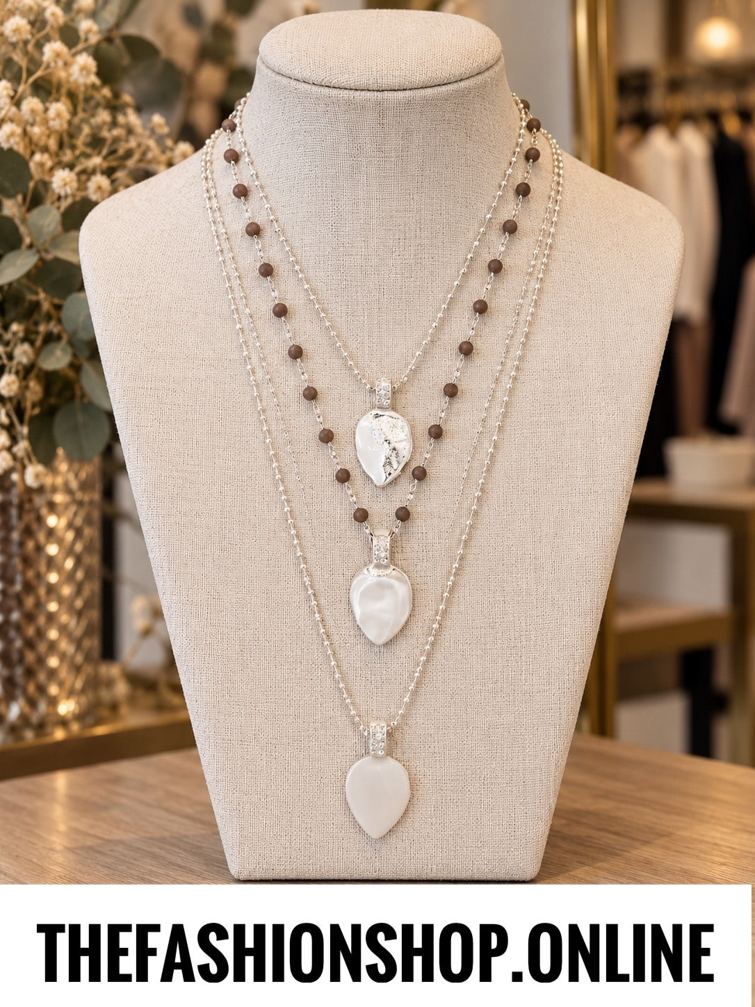 Envy silver and grey beaded layered necklace with heart pendants