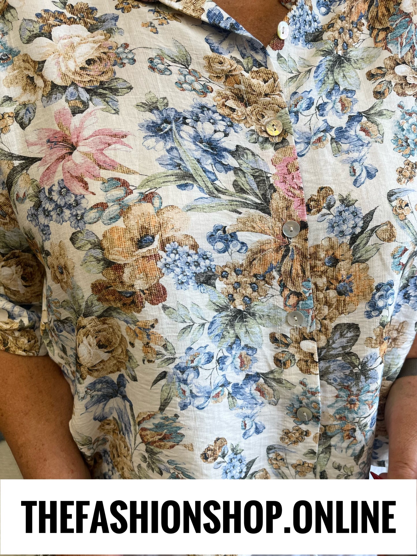 Trinny camel and blue floral tapestry blouse 12-20