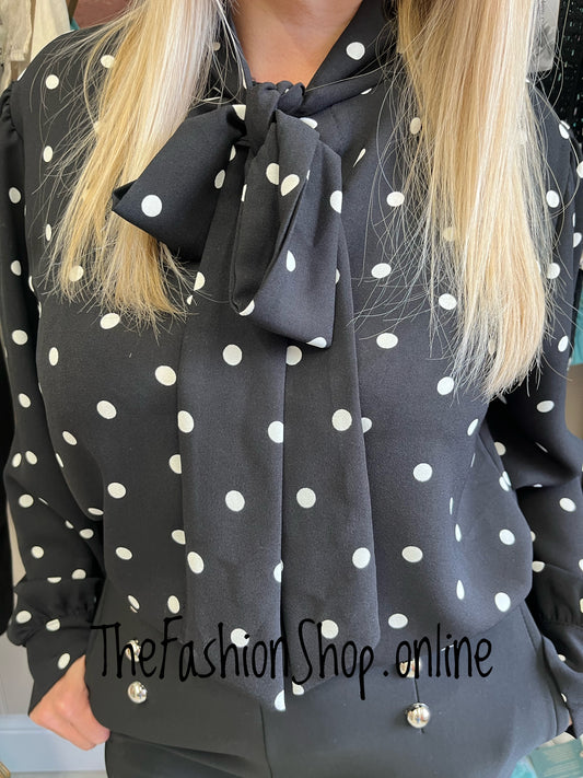 Natalie black and white spot tie neck blouse 10-14