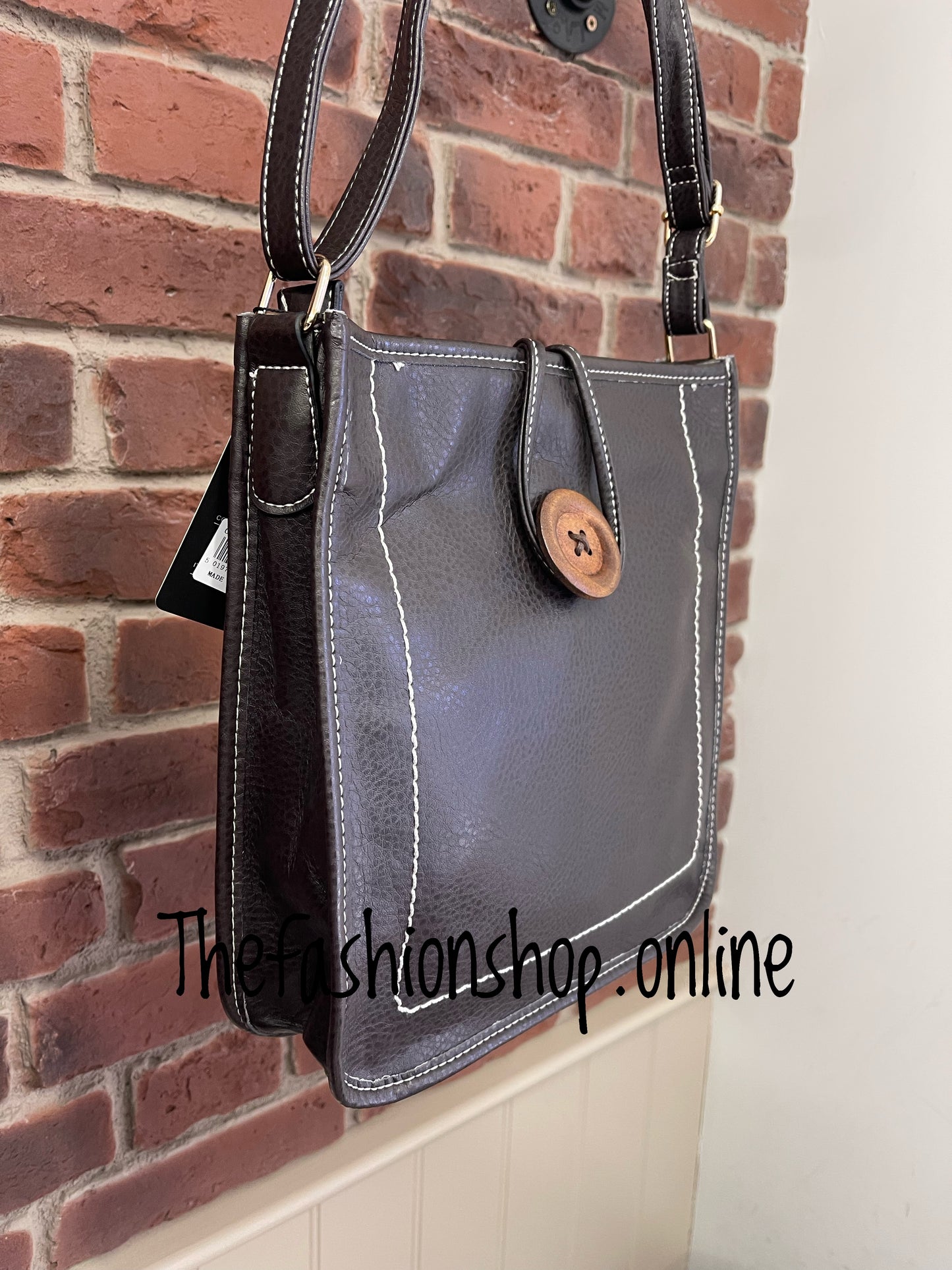 Lexi Shoulder Bag With Button and Stitch Detail in Brown