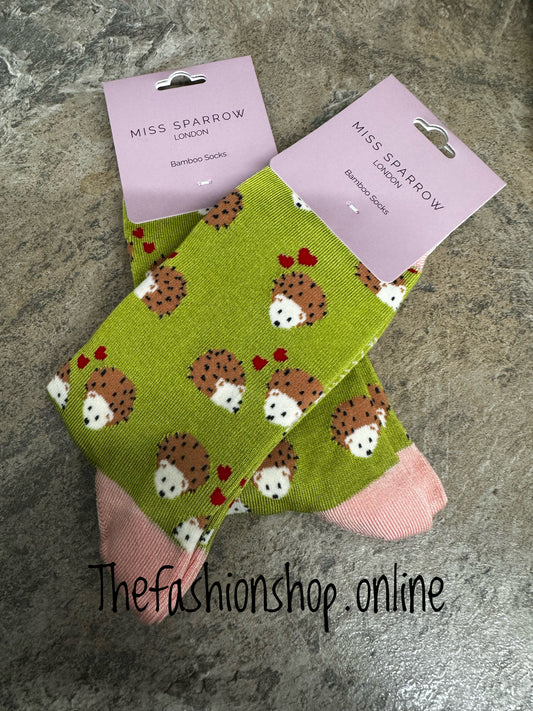 Miss Sparrow Green Hearts and Hedgehogs Bamboo socks 3-7