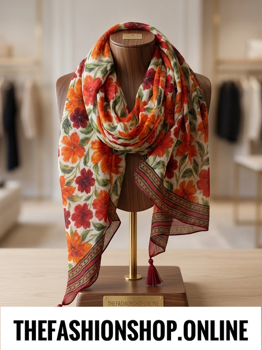 Red and orange botanical flowers tassel scarf