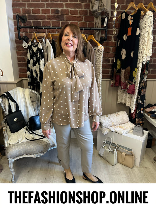 Natalie mocha and white spot tie neck blouse 10-14