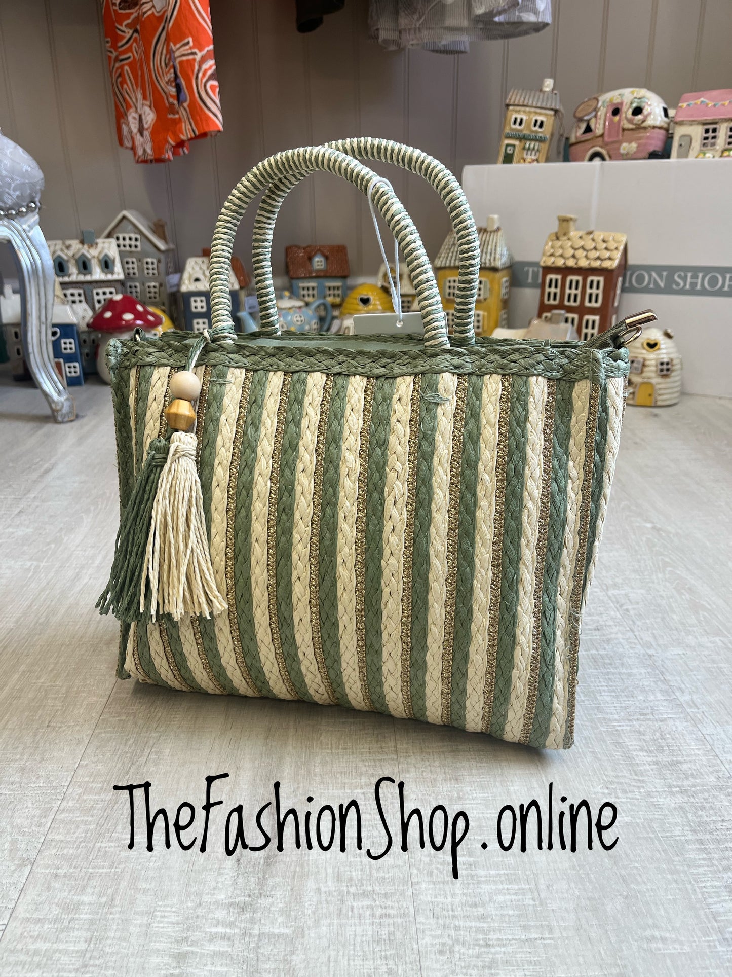 Bridget khaki, gold and cream striped tote bag