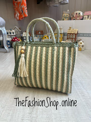 Bridget khaki, gold and cream striped tote bag