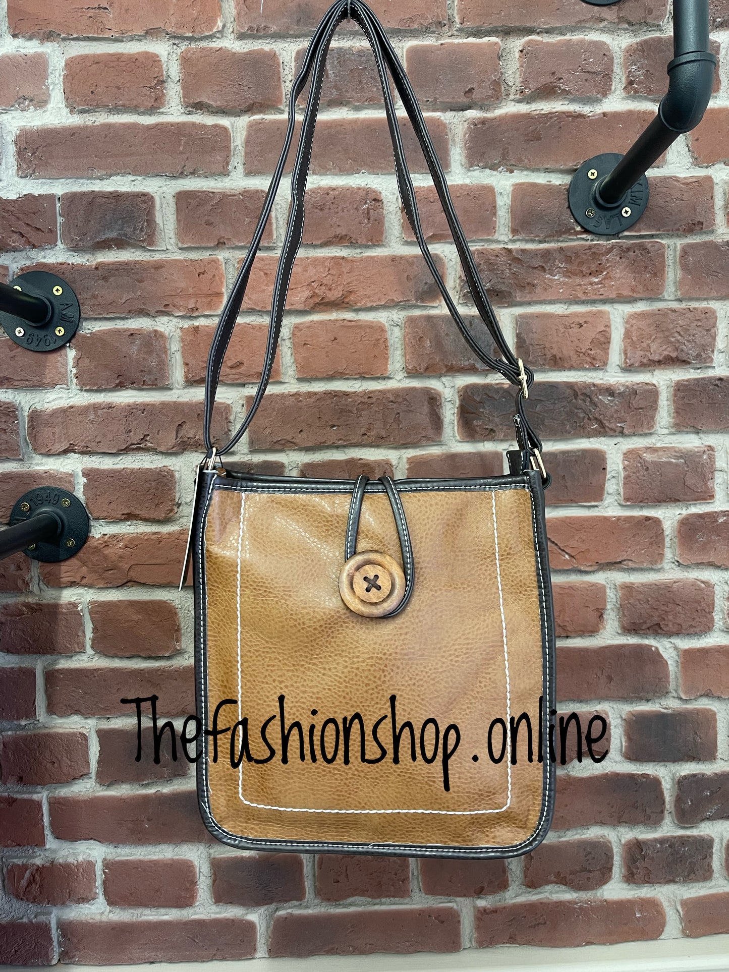 Lexi Shoulder Bag With Button and Stitch Detail in Tan