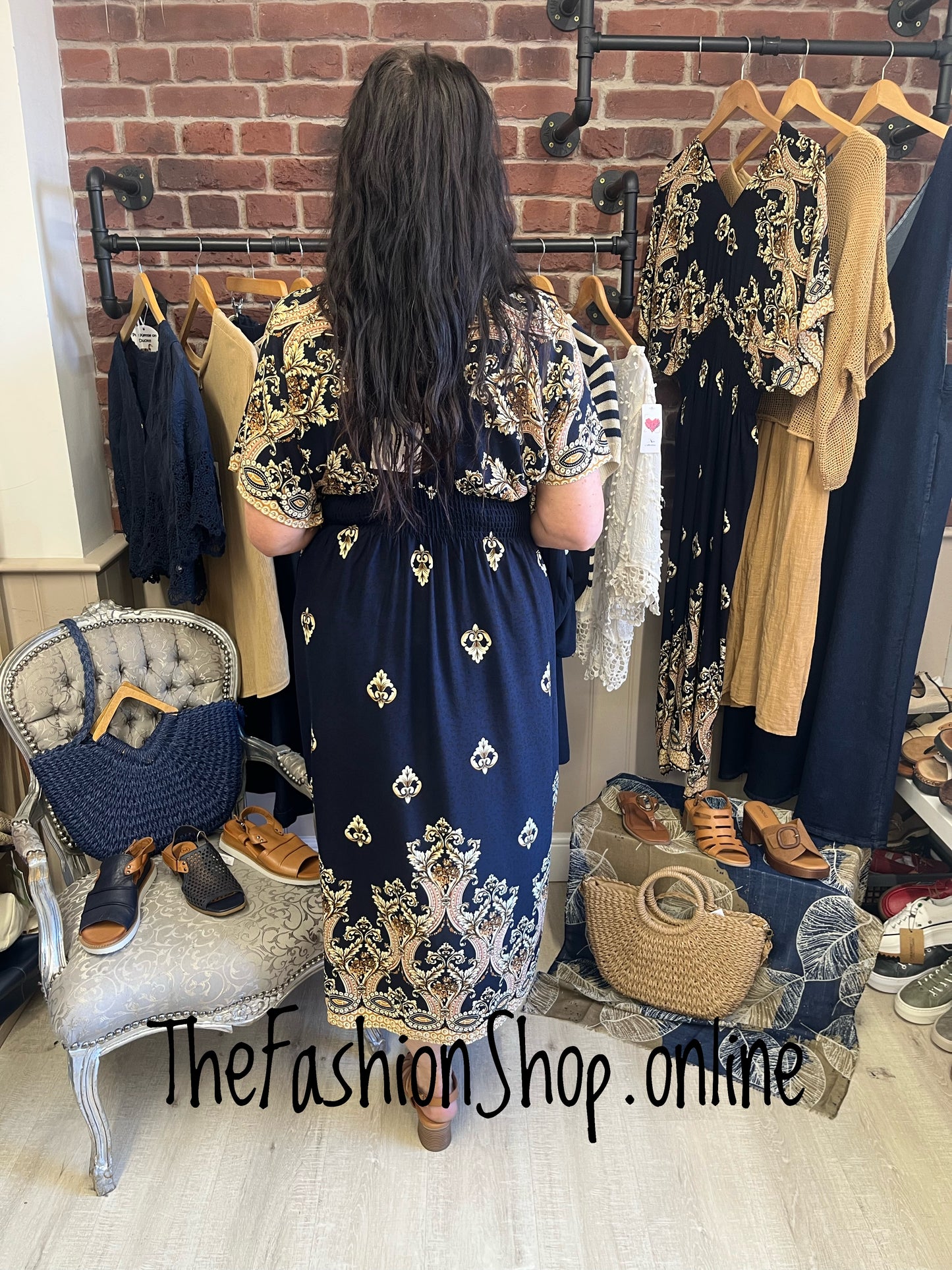 Maria navy and gold dress sizes 10-12, 14-16 and 18