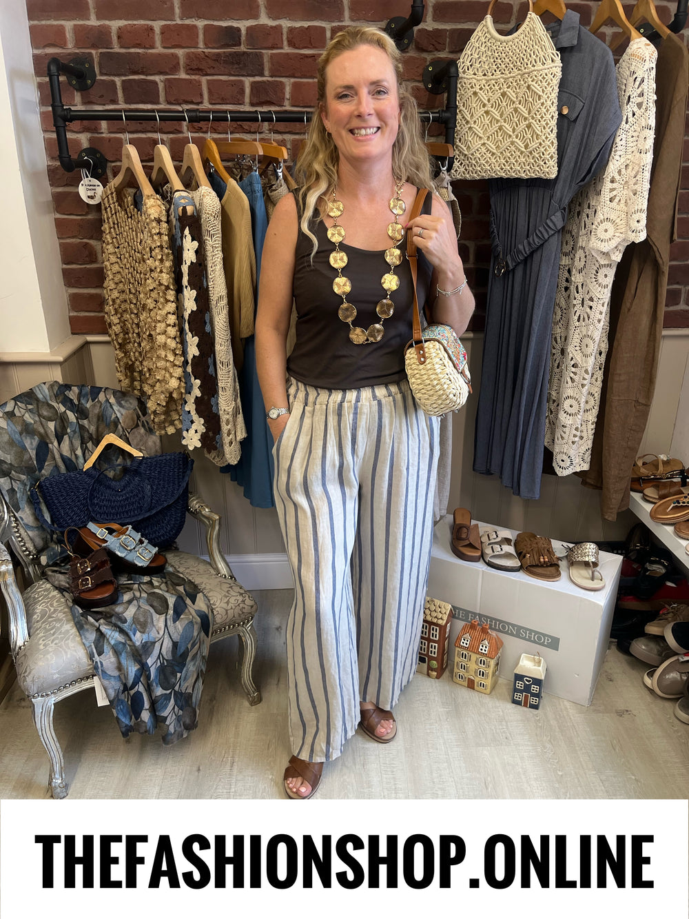 Alana navy and beige linen striped trousers 8-14