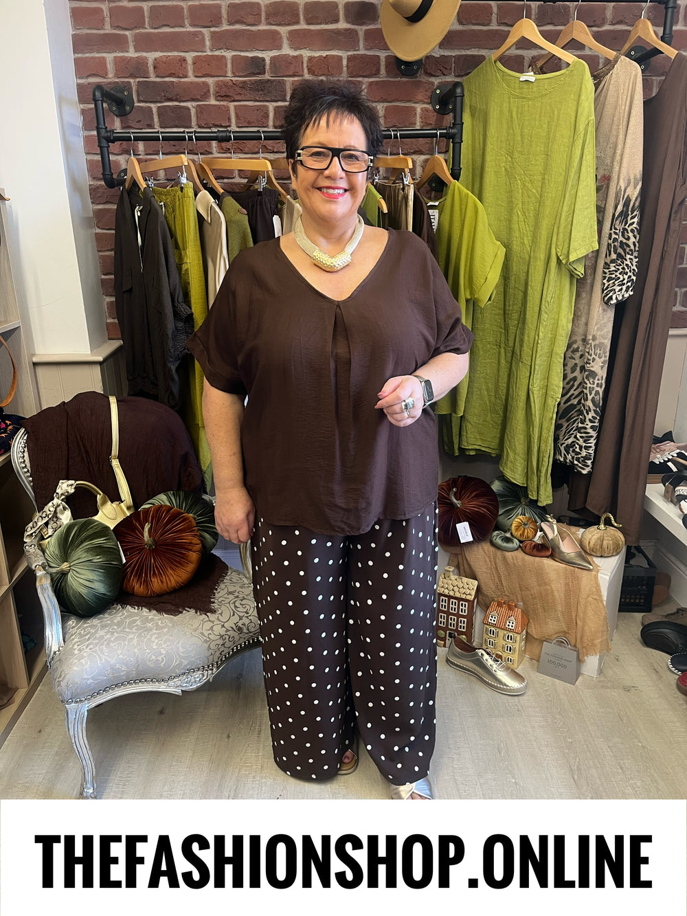 Tessa brown polka dot wide leg trousers 10-22