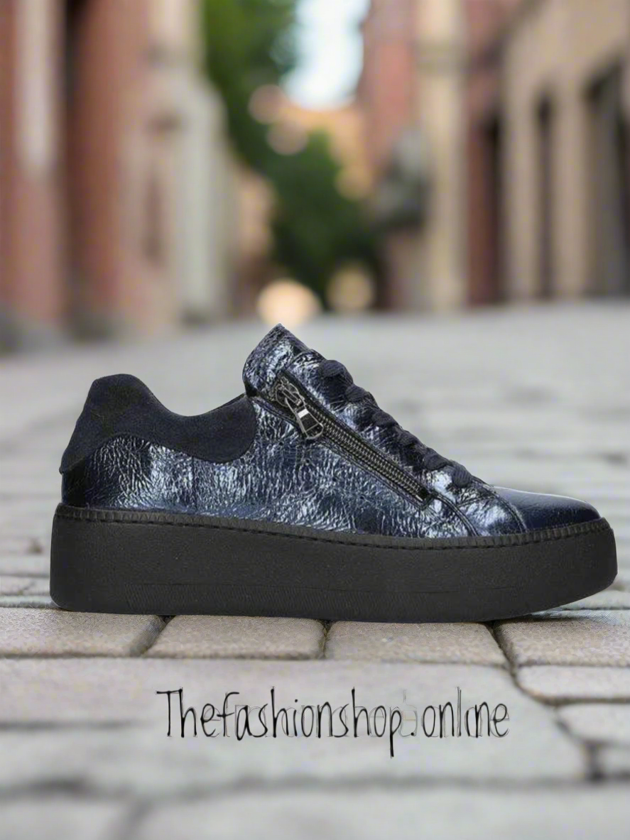 Navy wide fit Waldlaufer lace up with side zip leather trainer sizes 4-8