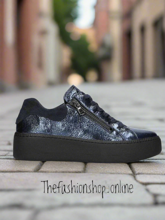 Navy wide fit Waldlaufer lace up with side zip leather trainer sizes 4-8