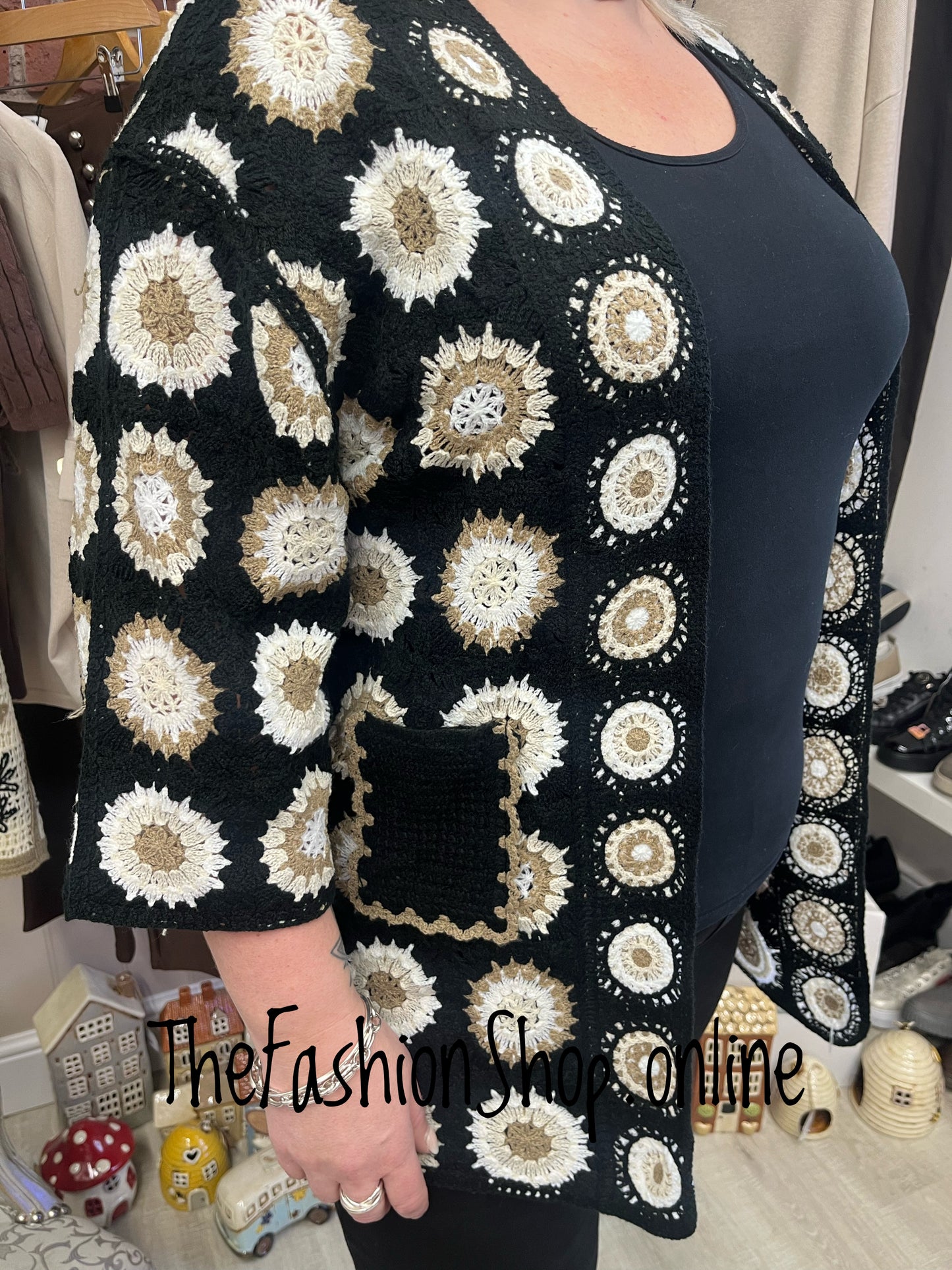 Emily black patterned crochet cardigan 14-22