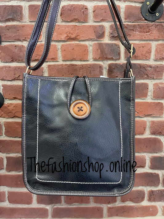 Lexi Shoulder Bag With Button and Stitch Detail in Black