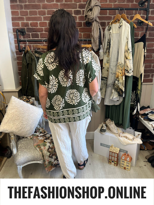 Hannah green boho print linen mix top 12-18