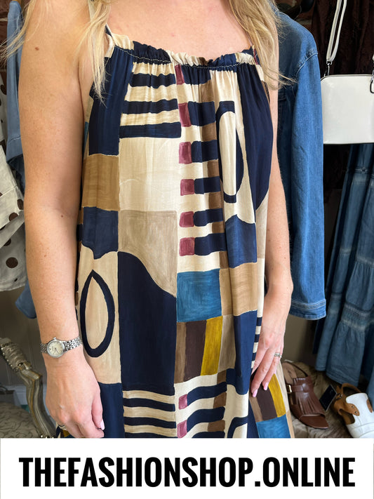 Aubrey navy and brown abstract print dress 10-16