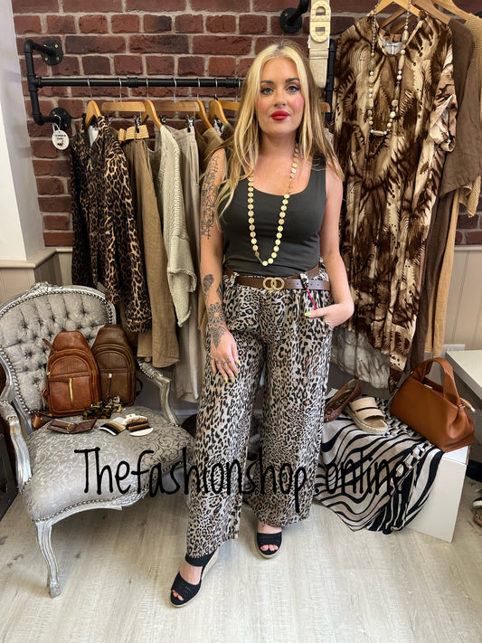 Nina leopard print linen mix trousers with belt 10-14