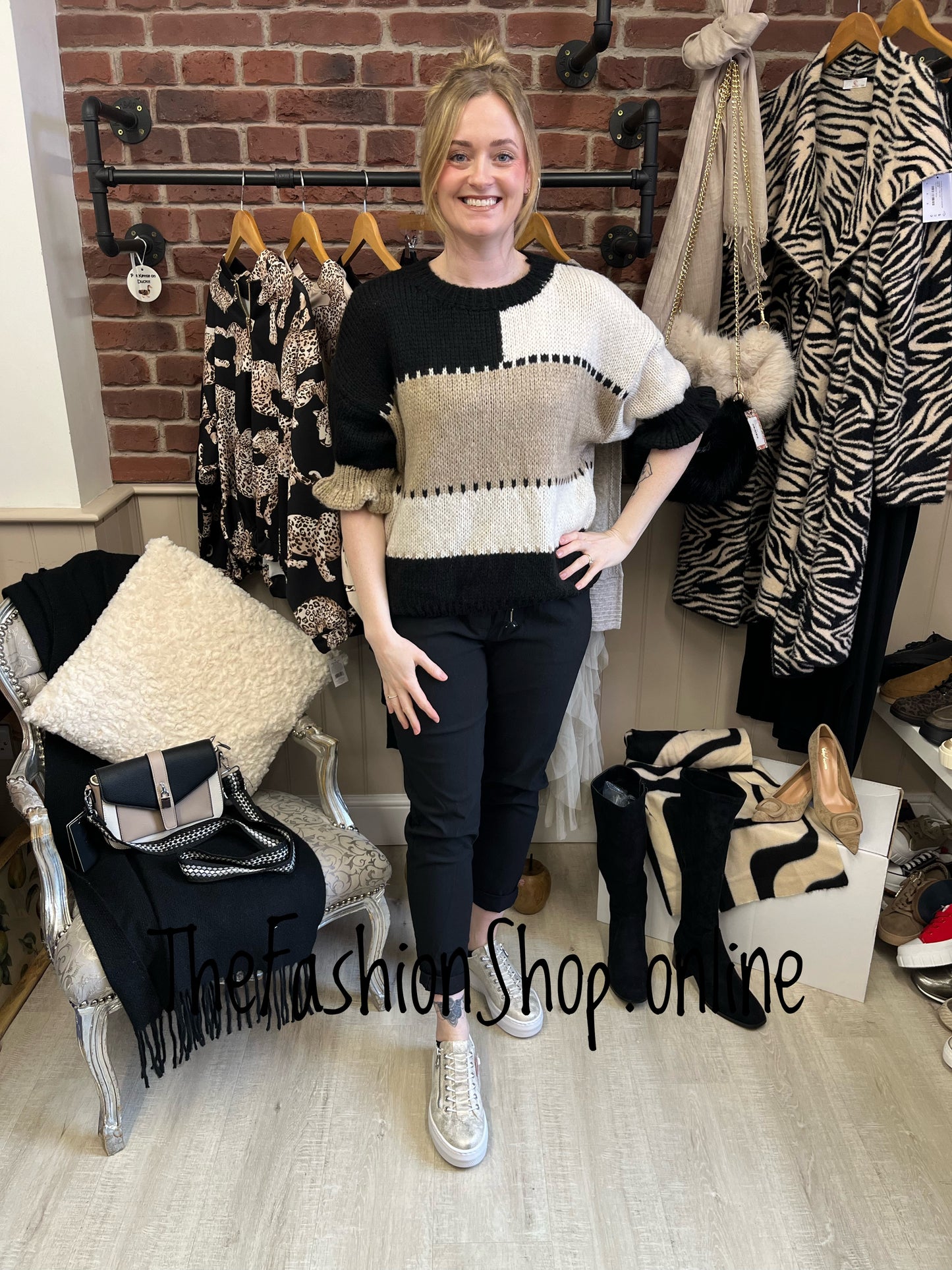 Bethany black, mocha and cream colour block jumper 8-16