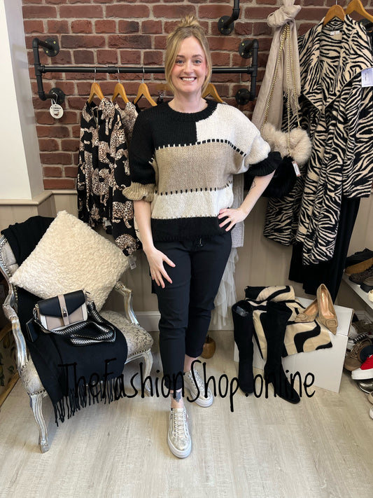 Bethany black, mocha and cream colour block jumper 8-16