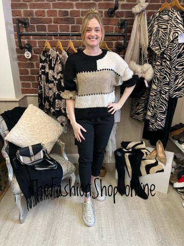Bethany black, mocha and cream colour block jumper 8-16
