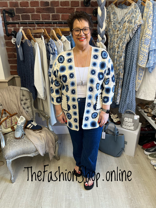 Emily navy, light blue and cream circles crochet cardigan 14-22